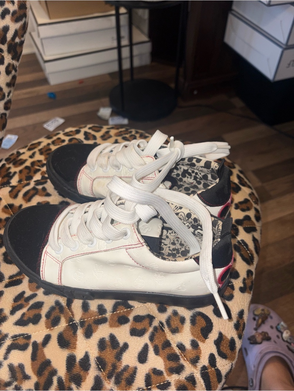 Kids White and Black Lace-Up Sneakers with Leopard Lining